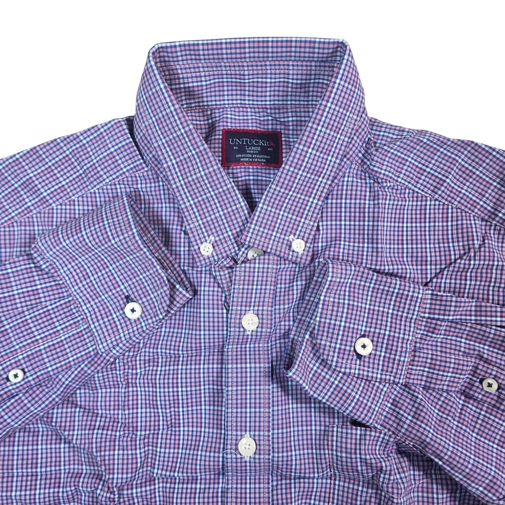 UNTUCKit Tamas Button Down Mens Large Pink Blue Gingham Slim Fit Stretch causal